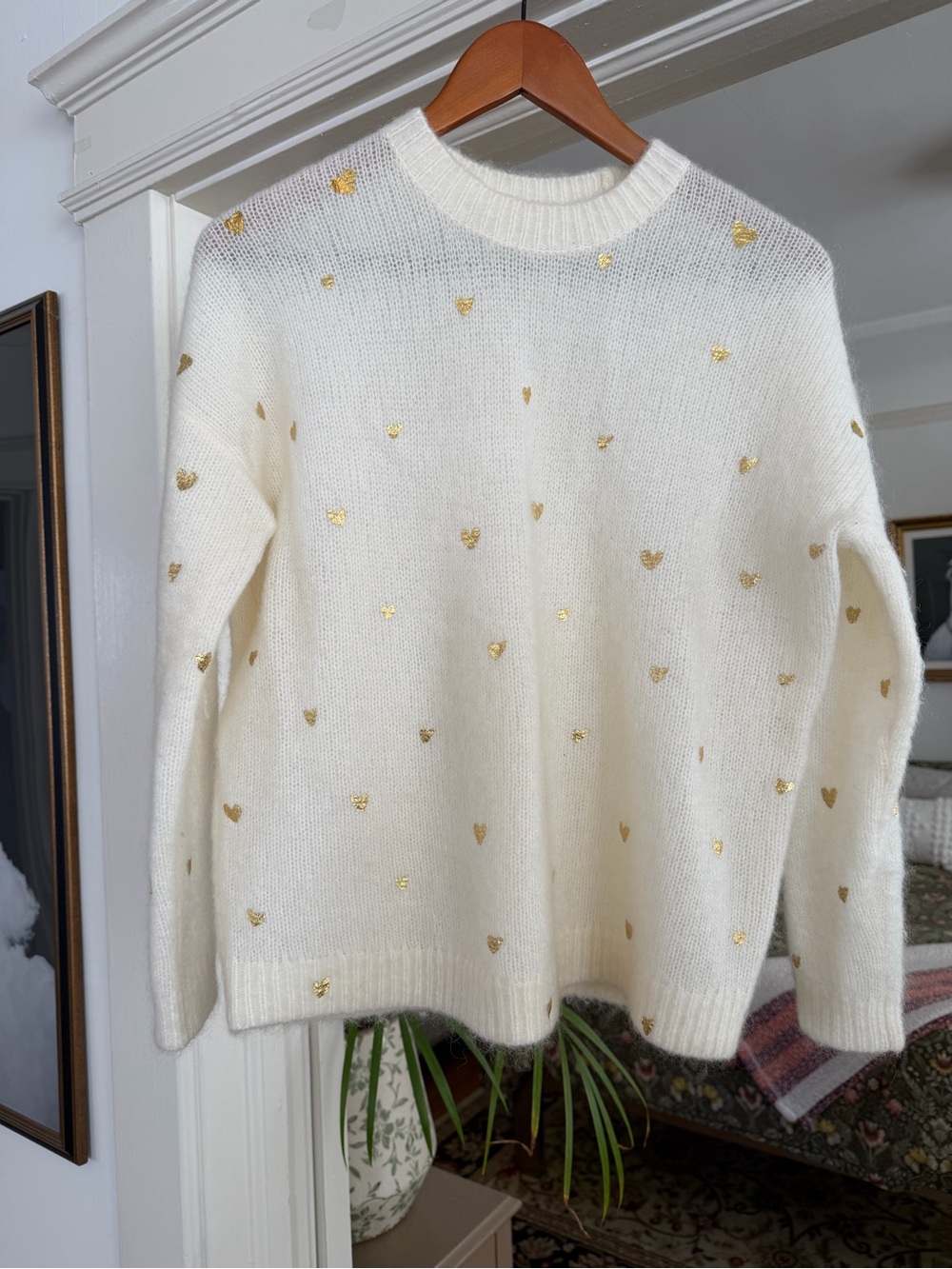 Sezane Cream Sweater with Gold Heart Embellishments
